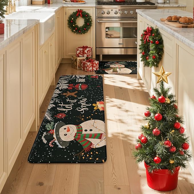 Christmas Snowman Kitchen Mat, Non Skid Cushioned Kitchen Floor Mats Sets of 2 Waterproof Anti Fatigue Kitchen Rug, Winter Xmas Tree Mat Black Comfort Standing Rugs for Holiday Decor 17x30+17x47inch