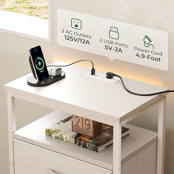 Huuger Nightstands Set of 2, End Tables with Charging Station, Side Tables with Fabric Drawers, Bedside Tables with USB Ports and Outlets, Night Stands, PU Leather, White