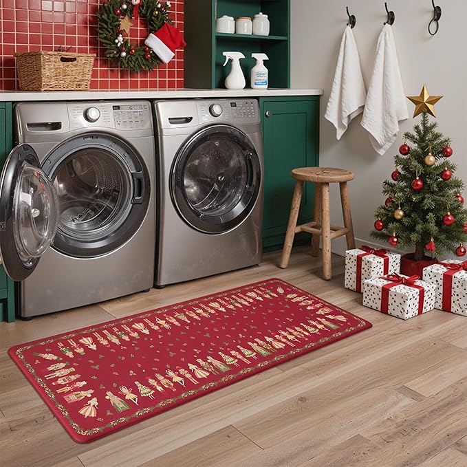GENIMO Christmas Decorations - Kitchen Mats for Floor, 2PCS Christmas Kitchen Rugs, Cushioned Anti Fatigue Mat for Home Decor, Waterproof Non Slip Standing Mat for Laundry, 17.3"x47"+17.3"x30", Red