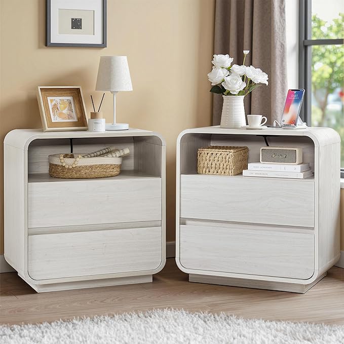 White Nightstand Set of 2 with Charging Station, 23.2" Wide Wood Bedside Table, Modern End Table with 2 Storage Drawers, Curved Profile, Handleless, Mid Century Night Stand for Bedroom