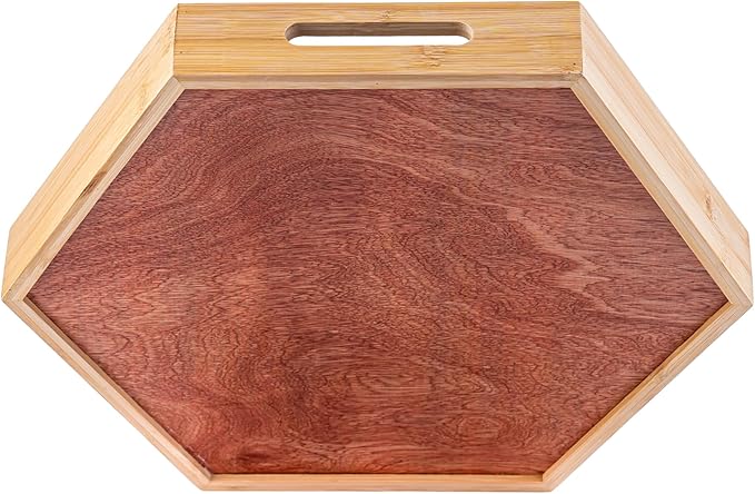 PEMAR 15.7" Hexagonal Bamboo Tray for Serving Coffee, Breakfast, Bread, Food, Art Decor. Decorative Pattern Tray for Coffee Table, Kitchen Counter, Vanity, Bedroom, Ottoman, Home Decor (Flowers)