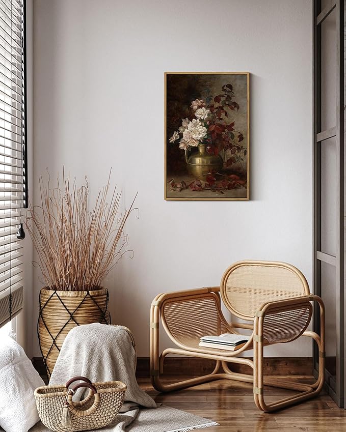 VIYYIEA Floral Large Framed Wall Art, Rose Bouquet Flower Vintage Art Decor Room Aesthetic, 16X24 Inch Canvas Print Artwork, Farmhouse Still Life Painting Wall Decor for Bedroom Bathroom Office