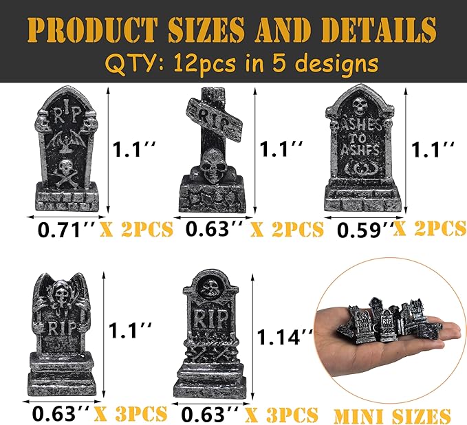 12PCS Mini Tombstones for Halloween Decoration, Resin Miniature Gravestones for Terrarium, Mini Headstones, Small Graveyard Set, Gothic Cemetery Figurines for Haunted House, Tabletop Displays