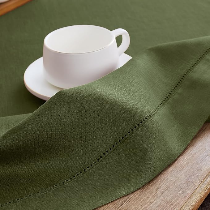 Solino Home Linen Table Runner 48 Inches - 100% Pure Linen Olive Hemstitch Table Runner 14 x 48 Inch Ideal for Dresser and Coffee Tables - Classic Hemstitch - Thanksgiving