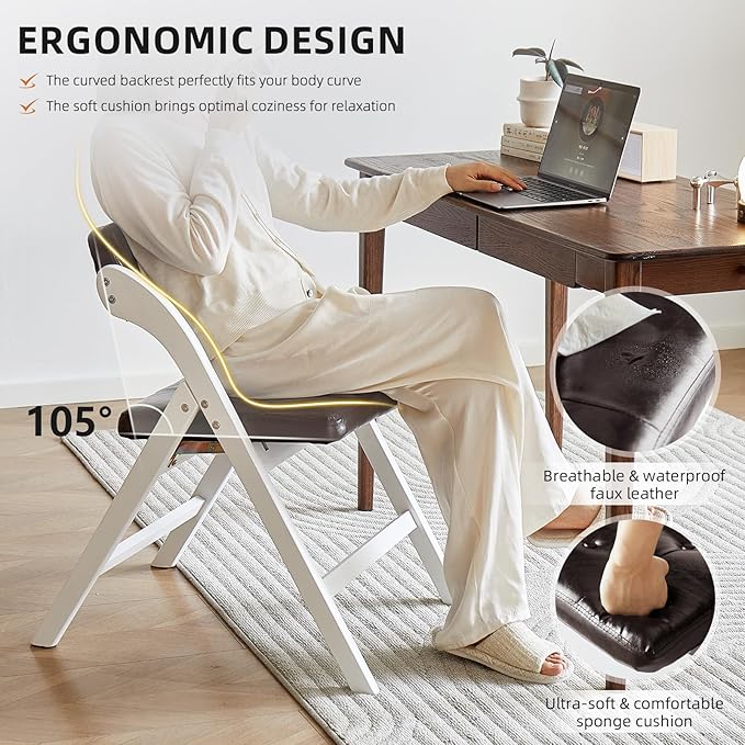 Padded Folding Chairs with Cushion, Stackable Wooden Foldable Chair Set of 2, Padded Folding Chairs with Cushion for Guests Kitchen, Office, Wedding, Picnic, Party Chair (White Brown)