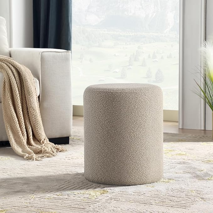 Get Set Style Modern Round Ottoman with Soft Padded Seat, Vanity Stool for Makeup, Upholstered Footrest Stool Ottoman Foot Stool for Living Room, Bedroom,White