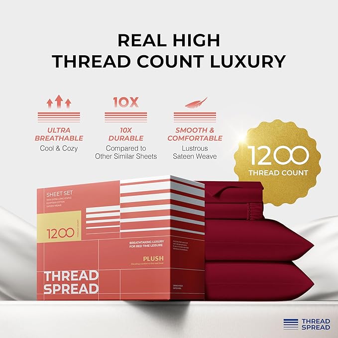 THREAD SPREAD 100% Egyptian Cotton Sheets Queen Size - 1200 Thread Count 4 PC Queen Sheet Set Egyptian Cotton, Sateen Weave Luxury Sheets Queen, High Thread Count Sheets, 17" Deep Pocket - Burgundy