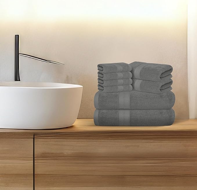 Avalon Towels Luxury 8 Piece Grey Towels Set, 2 Bath Towels, 2 Hand Towels and 4 Washcloths, 600 GSM 100% Ring Spun Cotton Highly Absorbent Grey Bathroom Towels, Ideal for Hotel, Spa and Gym