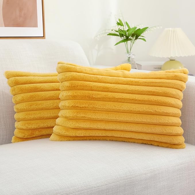 decorUhome Faux Fur Throw Pillow Covers 12x20 Set of 2, Decorative Soft Plush Striped Lumbar Neutral Couch Euro Pillow Covers with Velvet Back for Sofa, Bed, Living Room Home Decor, Mustard Yellow