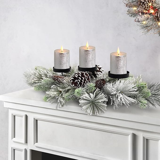Christmas Table Centerpieces Decorations, 27.5 Inch Designed with Flocked Pine Needles, Frosted Pine Cones for Dining Table Mantel (Snowy)