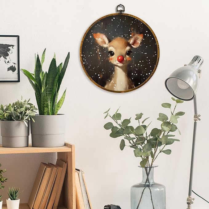 XPH Christmas Red Nose Reindeer Round Wall Art Framed, Christmas Whimsical Deer Circle Wall Decor, Xmas Rustic Winter Deer Hanging Canvas Prints for Home Bedroom Living Room Decoration, 10x10 Inch