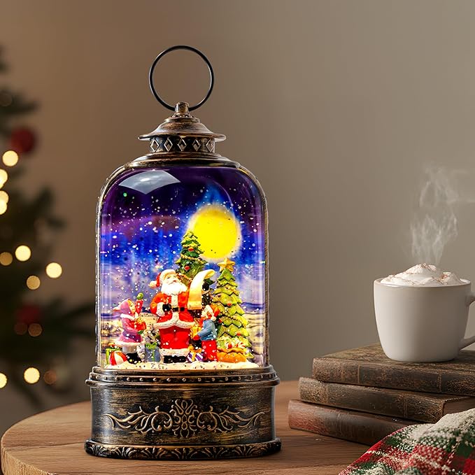 10.3" Christmas Snow Globe Water Lantern with Santa's List Scene Battery Operated or USB Powered Musical Lighted Holiday Decoration for Tabletop Display for Family and Friends