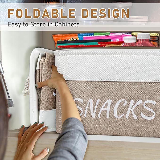 2 Pack Snack Organizer for Pantry,Decorative Snack Basket with 20 Pcs Chip Clips, Collapsible Snack Organizer for Countertop, Pantry Shelf, Office, Kitchen and More