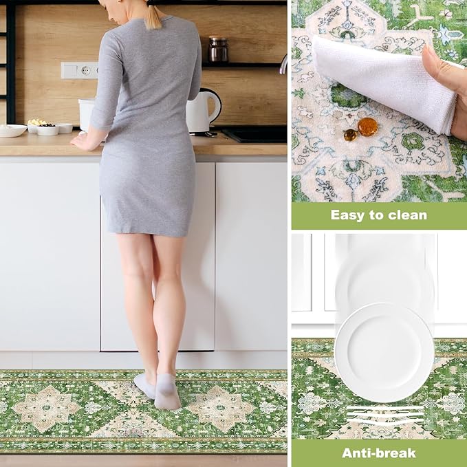 Yamaziot Boho Washable Kitchen Rugs Sets of 3, Non Slip Kitchen Mats for Floor with Rubber Backing, Waterproof & Stain Resistant Thick Carpet Runner Throw Rug for Kitchen, Laundry Room, Hallway, Green