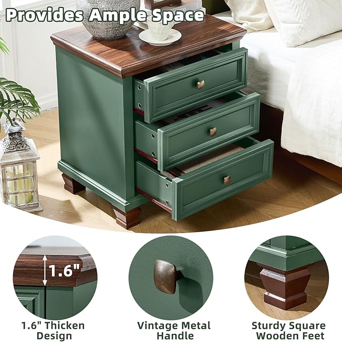 Farmhouse Nightstand with 3 Drawers, Rustic Couch End Table with 4 Square Solid Wood Legs, Mid-Century Vintage Bed Side Table with Storage, Small Dresser for Bedroom, Living Room, Green