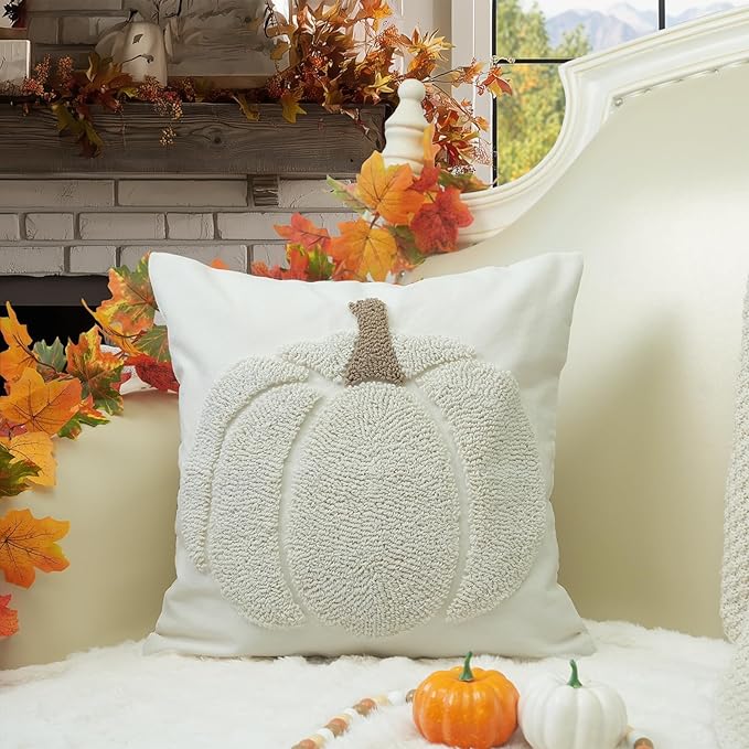 GEEORY Fall Pillow Covers 18x18 inch, Embroidered Pumpkins Throw Pillows Farmhouse Thanksgiving Decor Canvas Cushion Case for Sofa & Bed Home Decorations (Beige) GX001-1-18