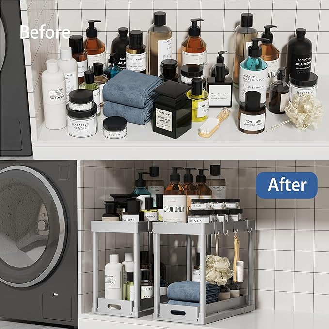 2PC Under Sink Organizer Rack 2 Tier Under Sliding Cabinet Basket Organizer Drawer with 4 Hooks, Multi-purpose Under Sink Storage for Bathroom Kitchen Desktop(Grey)