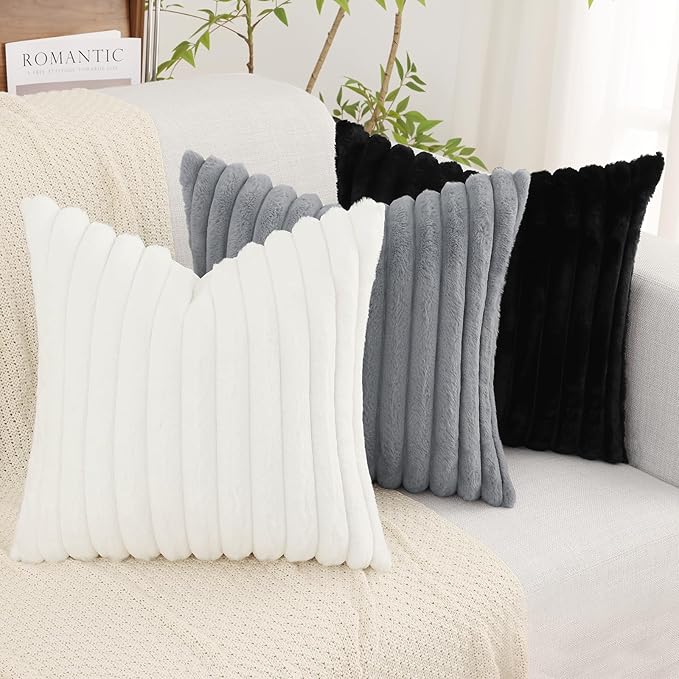 decorUhome Faux Fur Christmas Throw Pillow Covers 16x16 Set of 2, Decorative Soft Plush Striped Neutral Couch Euro Pillow Covers with Velvet Back for Sofa, Bed, Living Room Home Decor, White