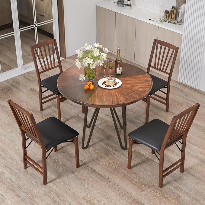 Giantex Folding Dining Chairs Set of 4, Foldable Wood Kitchen Chairs with Padded Seat, Solid Wood Frame, Max Load 400 Lbs, No Assembly Easy to Store Wooden Dining Chairs for Apartment, Small Space
