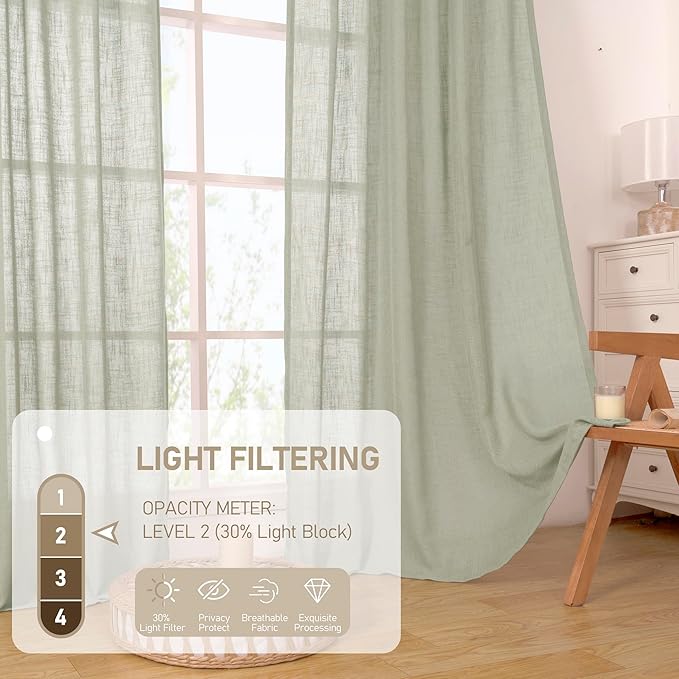 LAMIT Sage Grey Linen Curtains 24 Inch Length for Cafe, Semi Sheer Light Filtering Panels Back Tab and Rod Pocket Small Window Drapes for Basement, 2 Panels, 34 x 24 Inch