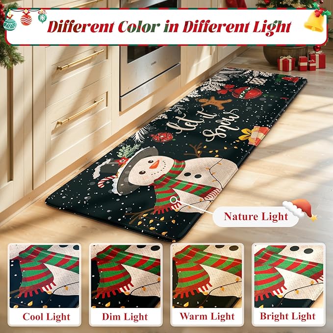 Christmas Snowman Kitchen Mat, Non Skid Cushioned Kitchen Floor Mats Sets of 2 Waterproof Anti Fatigue Kitchen Rug, Winter Xmas Tree Mat Black Comfort Standing Rugs for Holiday Decor 17x30+17x47inch