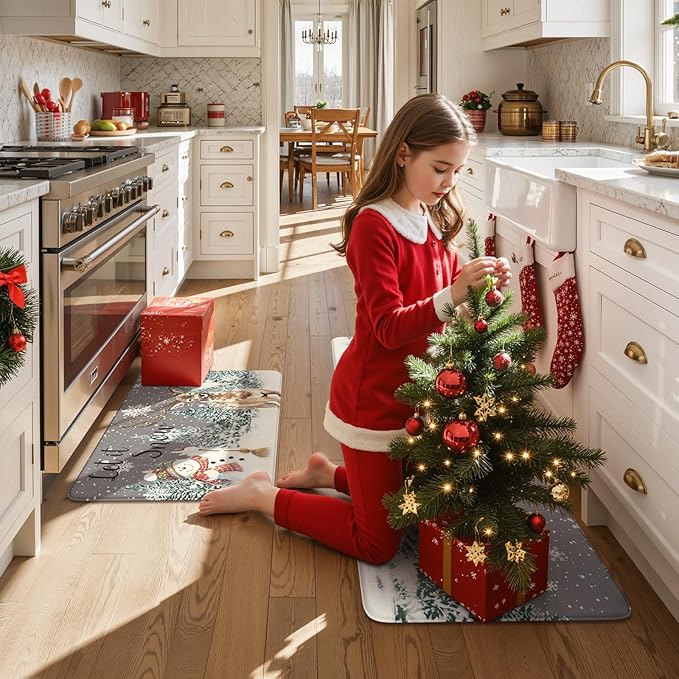 Collive Christmas Snowman Kitchen Mats, Cushioned Anti Fatigue Winter Xmas Tree Kitchen Rugs Sets of 2 Waterproof Elk Sink Mat, Non Slip Comfort Standing Floor Rug for Desk Home Decorations, Grey