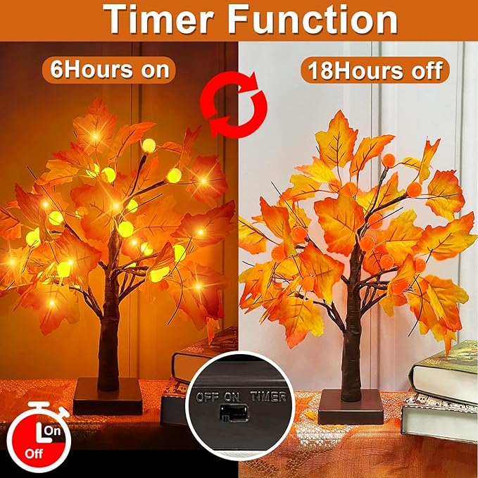 Timer - Fall Thanksgiving Tree, 18 Inch Prelit Lighted Maple Tree Thanksgiving Decorations with 24 Pumpkin Lights Battery Operated for Autumn Harvest Decor Indoor Home Table Halloween Christmas