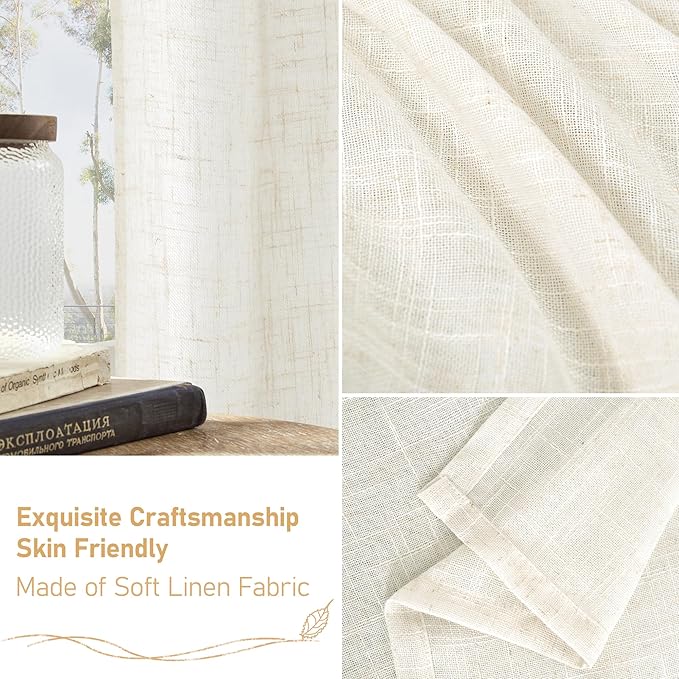 LAMIT Cream Linen Curtains 63 Inch for Bedroom, Light Filtering Neutral Semi Sheer Window Boho Curtains Back Tab and Rod Pocket Panels for Living Room, 2 Panels, 52 x 63 Inch