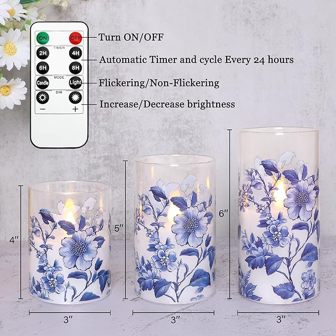 Impress Life Chinoiserie Decor Flameless Candles Blue and White Battery Operated with Remote & Timer Blue White Floral Printed Glass Flickering LED Pillar Candle for Wedding Party Home Table Decor