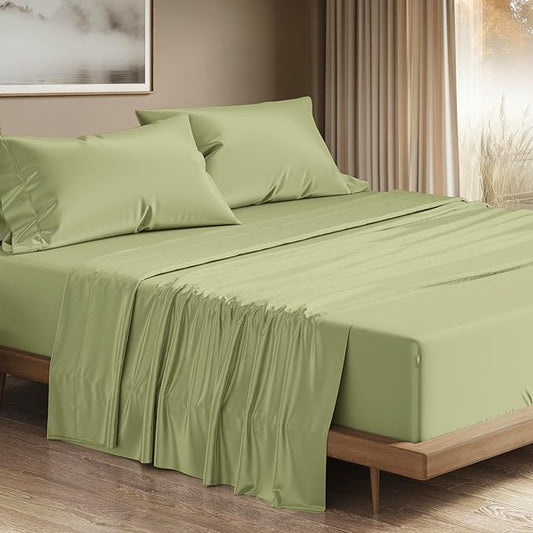 THREAD SPREAD 100% Egyptian Cotton Sheets California King Size - 1200 Thread Count Cal King Size Sheets Set, 4 PC Luxury Bedsheet (Sage Green), Soft, Cooling, 17" Deep Pocket Sateen Weave Bedsheet Set