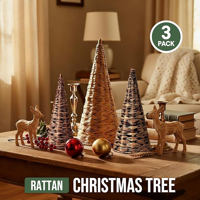 3pcs Woven Water Hyacinth Christmas Trees Decor, Artificial Christmas Tree Decorations for Home Party Table Village Craft Indoor Outdoor Vintage Christmas Decor(Natural+Black+Brown)