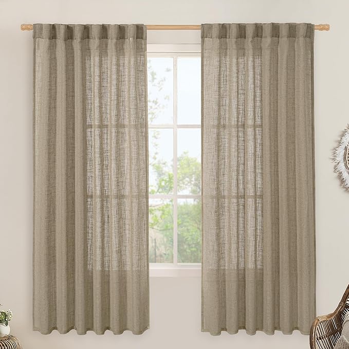 LAMIT Taupe 72 inch Linen Curtains for Living Room 2 Panels, Linen Textured Light Filtering Semi Sheer Back Tab and Rod Pocket Curtain Panels for Bedroom/Farmhouse, 52 x 72 Inch