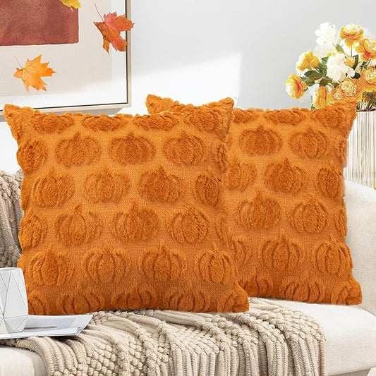 Pumpkin Fall Decorative Throw Pillow Covers 18"x18", Set of 2 Orange Soft Faux Fur Pillow Covers for Autumn Harvest, Fluffy Plush Accent Pillow Cases for Farmhouse Couch Cushion Covers