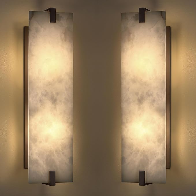 2 Pack 2 Light 20.7" Natural Square Alabaster Marble Bathroom Wall Sconce Modern Concise Style Wall Light Fixture,Oil Rubbed Bronze Finish for Bedroom Hallway Bedside