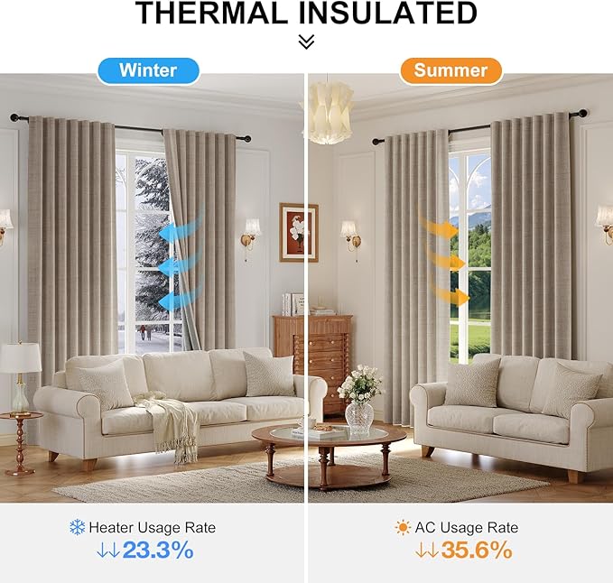 100% Blackout Curtains for Bedroom, Thermal Insulated Curtains 63 Inch Length Curtain 2 Panels, Luxury Soft Farmhouse Linen Textured Full Light Blocking Room Darkening Drapes, W52xL63, Brown