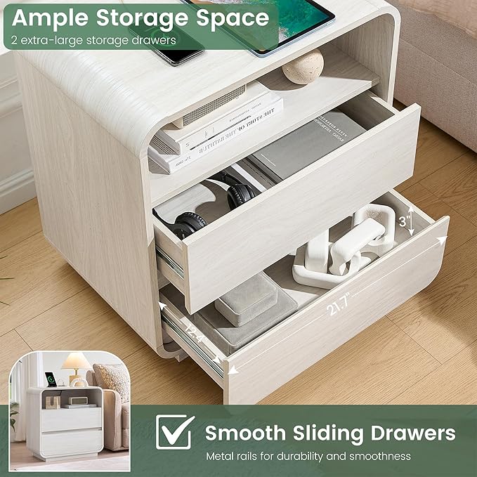 White Nightstand Set of 2 with Charging Station, 23.2" Wide Wood Bedside Table, Modern End Table with 2 Storage Drawers, Curved Profile, Handleless, Mid Century Night Stand for Bedroom
