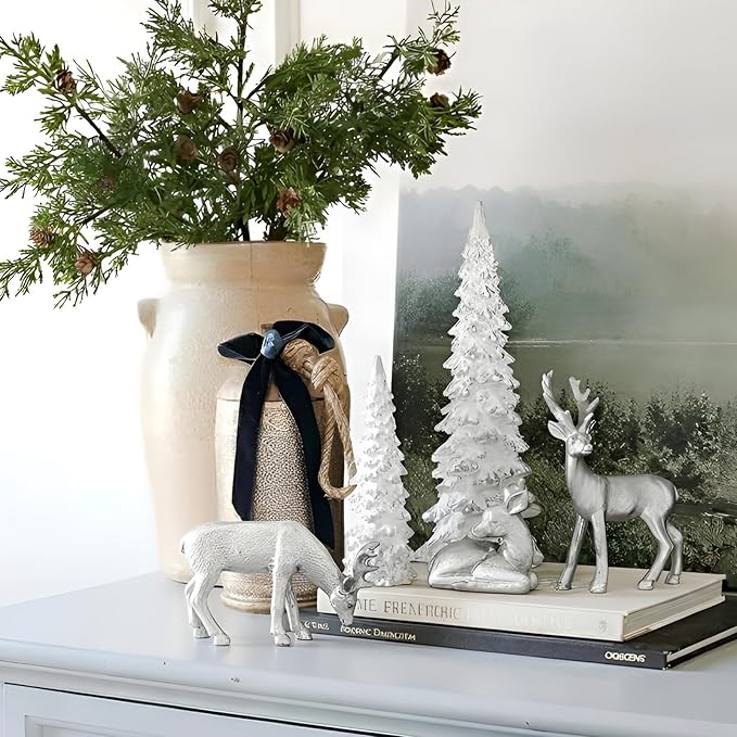 DN DECONATION Christmas Decoration Reindeer and Tree Figurines – Xmas Reindeer with White & Silver Tree Statues Decor – Resin Christmas Village for Winter Table Mantle Decor Set of 5