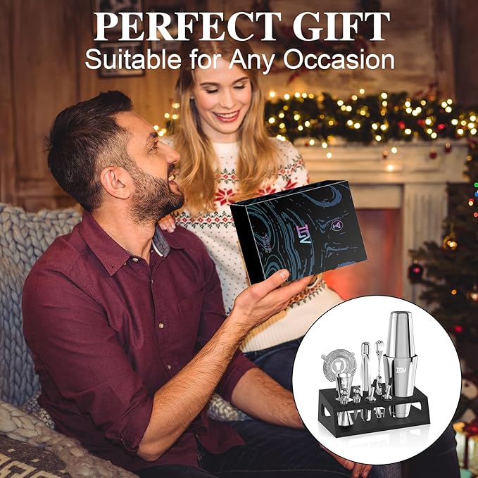 IOV Cocktail Shaker Set: 12-Piece Mixology Bartender Kit Bar Set | 18oz & 28oz Boston Shaker Drink Mixing Tools for Home with Recipe Booklet and Stand | Fun Housewarming Gift (Silver)