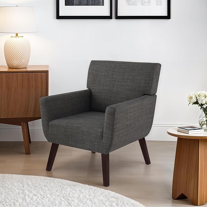 Upholstered Accent Chair,Mid Century Modern Linen Fabric Living Room Chair with Arm,Comfy Wingback Club Armchair for Bedroom Reading Dark Grey