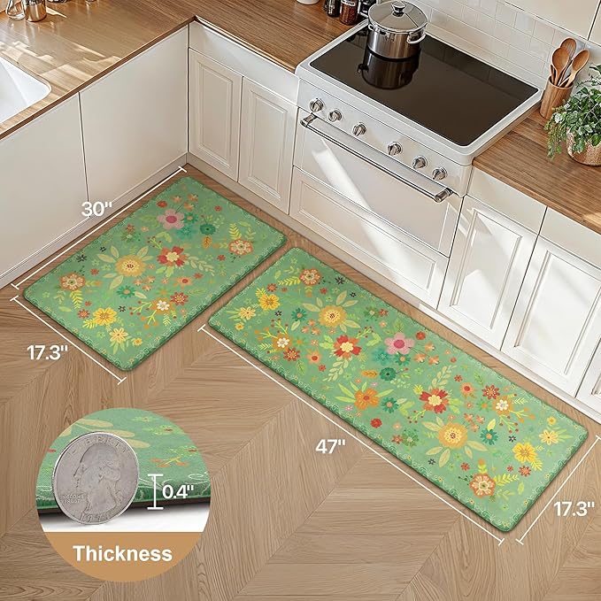 GENIMO Kitchen Mats for Floor 2PCS, Cushioned Kitchen Rugs Non Slip Washable, Farmhouse Anti Fatigue Mat Waterproof, Comfort Standing Mat Rug for Office, Home, Laundry, 17.3"x47"+17.3"x30", LightGreen