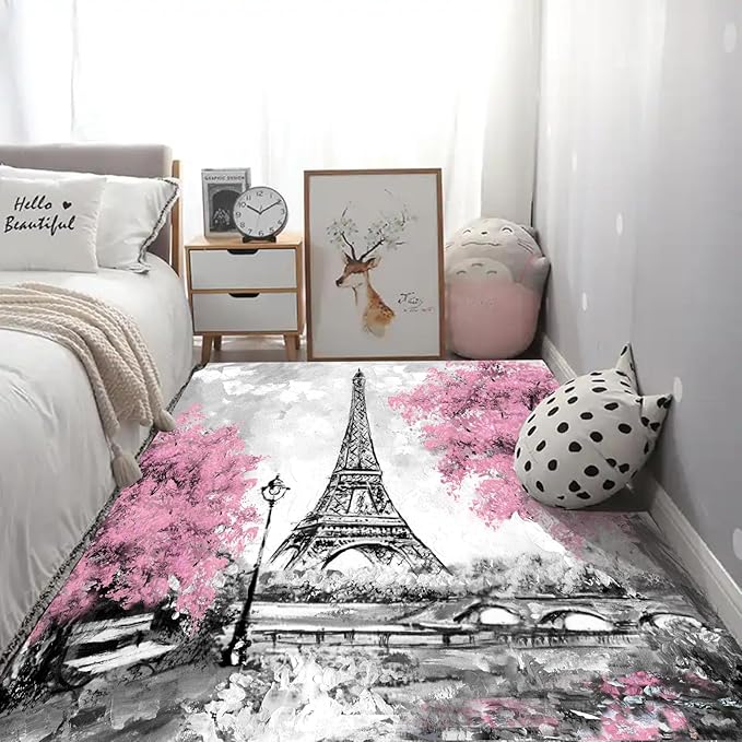 kxry 5 * 7 Feet Pink and White Paris Eiffel Tower Soft Area Rugs for Kids Girls Women Couple Lover Flower Floor Carpet for Living Room Bedroom Dorms Nursery Rooms Home Decor Aesthetic