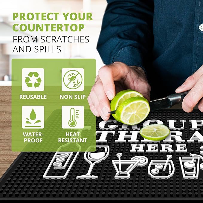 Group Therapy Bar Mat for Countertop - Ideal for Bartending & Home Bar Spill-Proof, Durable, Non-Slip Rubber Mat - Large Size 18"x12" - Bar Mats for Home Bar - Thick Rubber Mat