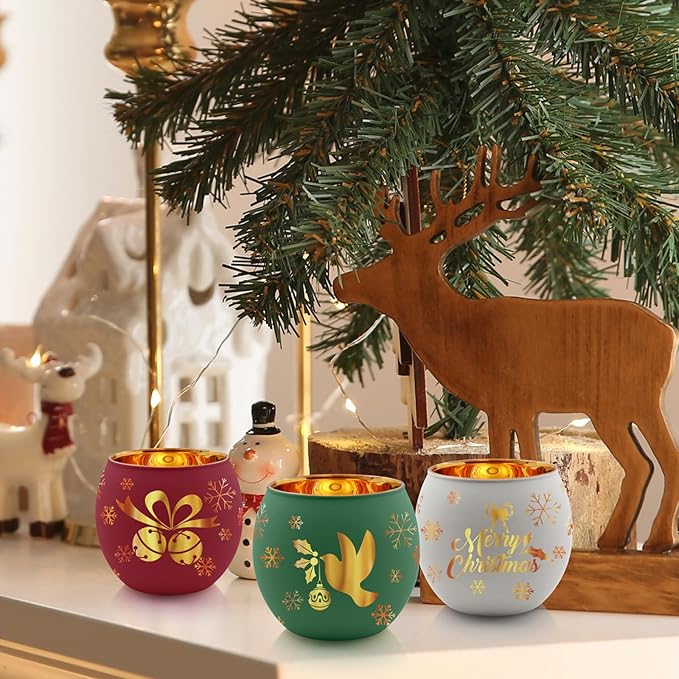 Christmas Votive Candle Holder Set of 6, Red Green White Glass Tealight Holder with 6 Laser Engraving Patterns for Winter Xmas Table Centerpiece Decor