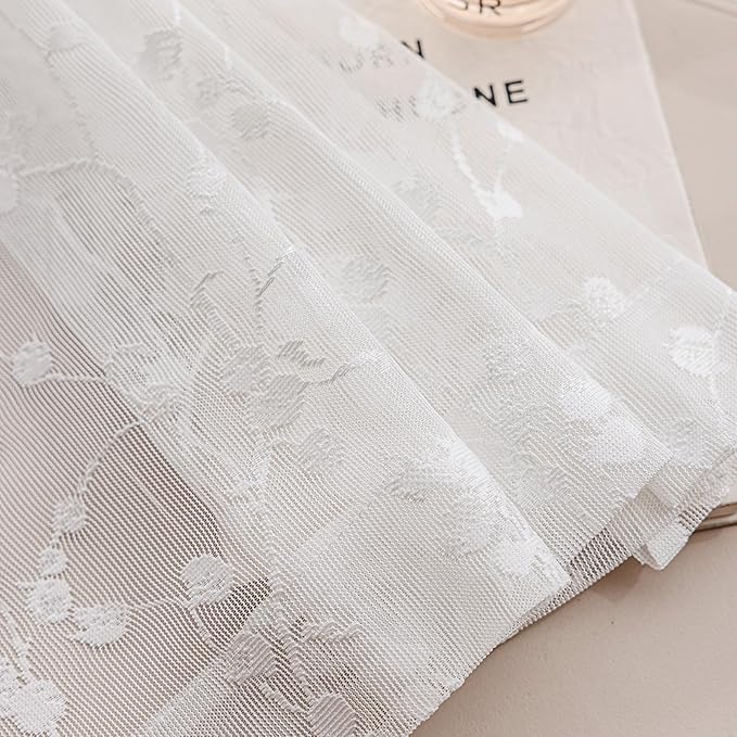 White Lace Sheer Curtains 84 inches Long – Vintage Branch Pattern for Living Room/Bedroom, Light Filtering Rod Pocket Drapes, Privacy Chic Window Treatments, 52W x 84L Inch, 2-Panel Set