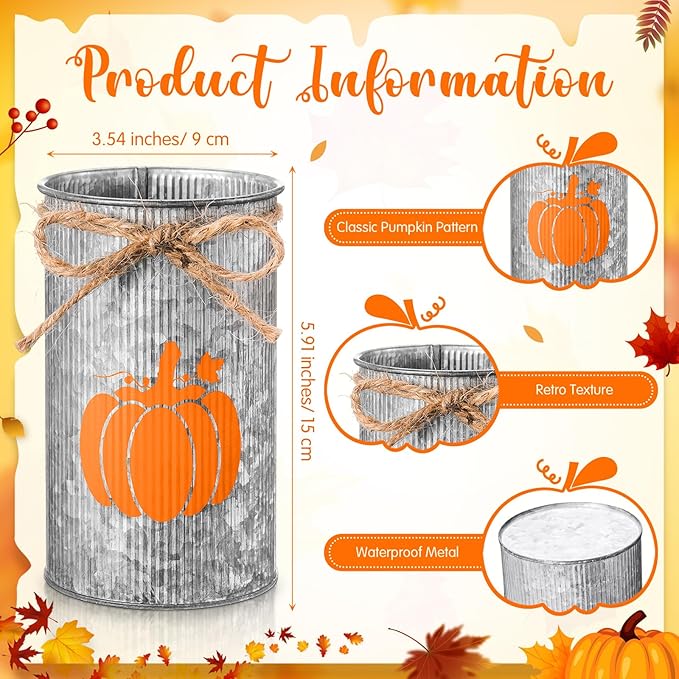 Domensi 12 Pcs Fall Table Centerpiece Pumpkin Vases Thanksgiving Decor Galvanized Metal Vases for Flowers Farmhouse Mason Jars Utensil Holder for Fall Home Thanksgiving Autumn Harvest Decorations