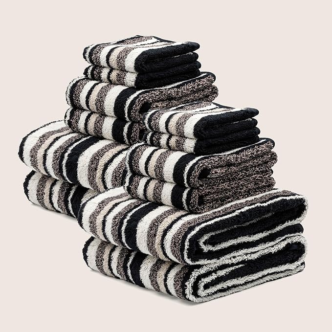 Italic Ultraplush 12-Piece Family Towel Set – Luxury Bath Towels, Hand Towels & Washcloths – Plush, Quick Dry, 800GSM 100% Australian Cotton for Bathroom & Spa - White & Blue (Stripe Multi-Color)