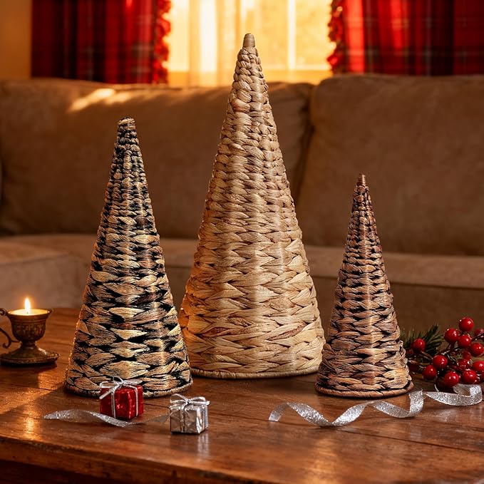 3pcs Woven Water Hyacinth Christmas Trees Decor, Artificial Christmas Tree Decorations for Home Party Table Village Craft Indoor Outdoor Vintage Christmas Decor(Natural+Black+Brown)