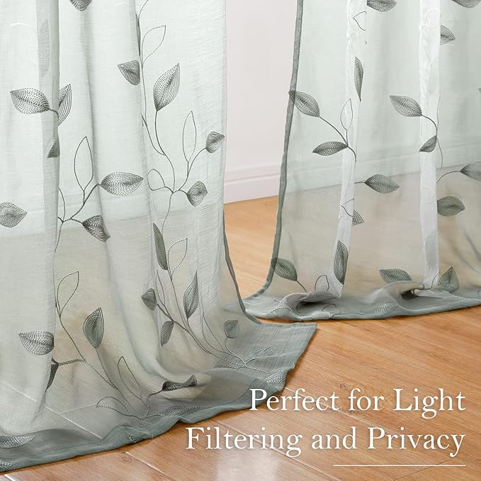 HOMEIDEAS Sage Green Sheer Curtains 52 X 96 Inches Long 2 Panels Embroidered Leaf Pattern Pocket Faux Linen Floral Semi Sheer Voile Window Curtains/Drapes for Bedroom Living Room