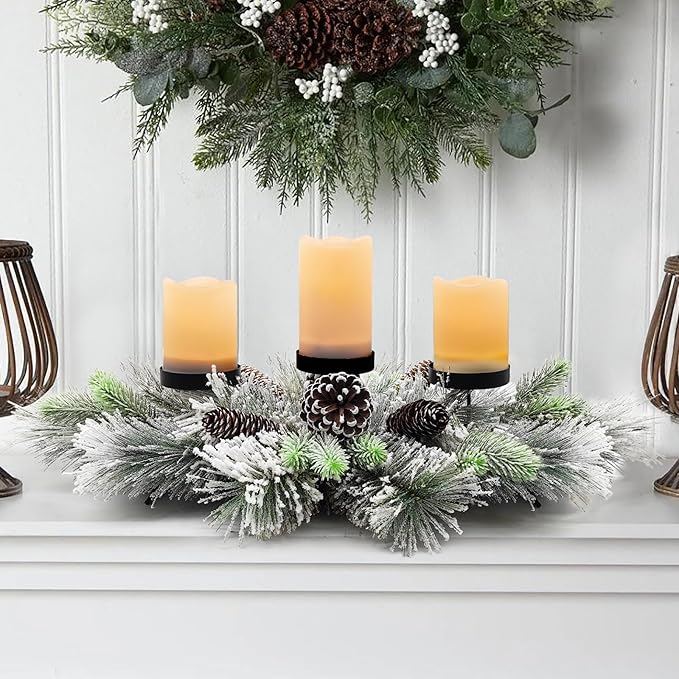 Christmas Table Centerpieces Decorations, 27.5 Inch Designed with Flocked Pine Needles, Frosted Pine Cones for Dining Table Mantel (Snowy)