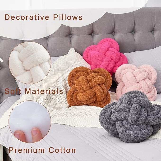 Xiashrk Knot Pillow Ball, 12" Soft Decorative Throw Pillows for Couch Bed, Dark Khaki Knotted Plush Throw Pillow Handmade Square Cushion Home Couch Decor Pillows for Living Room